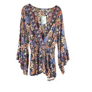 Nostalgia Long Sleeve Faux Wrap Top Navy Floral Print Boho Fall Sz L NWT